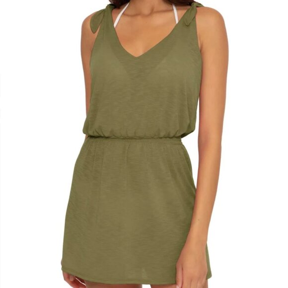 Becca Seaweed Breezy Basic V-Neck Plunge Cover Up Size Large Green Tie Sleeves - Picture 10 of 10